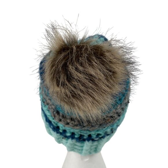Air Force Mom Pom Beanie Adult Blue Gray Crochet Chunky Knit Warm Winter Cap - Picture 4 of 10